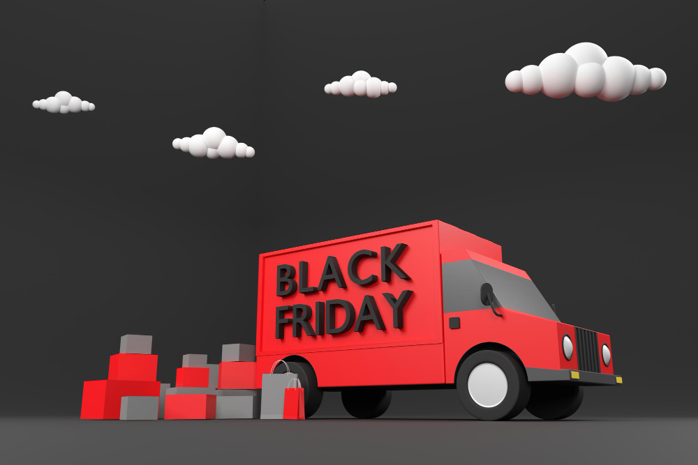 Caminhão vermelho  logístico black friday levando produtos.